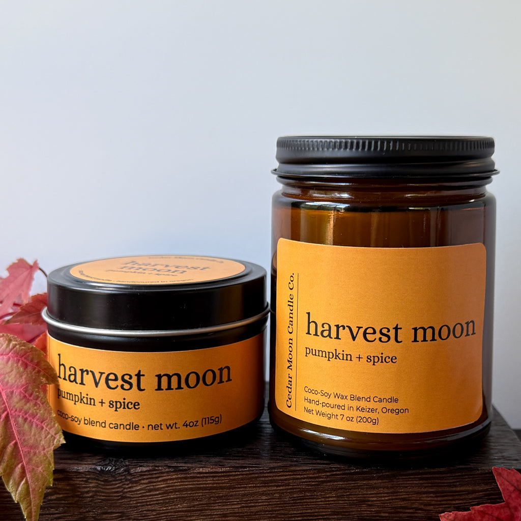 Two amber glass candles with black lids reading 'harvest moon pumpkin + spice' are displayed on a dark wooden surface with scattered red autumn leaves against a light gray background.