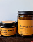 Two amber glass candles with black lids reading 'harvest moon pumpkin + spice' are displayed on a dark wooden surface with scattered red autumn leaves against a light gray background.