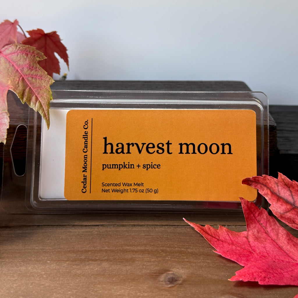 A clear plastic clamshell container of Cedar Moon Candle Co. 'harvest moon' scented wax melt, featuring a warm orange label, styled on a wooden surface with red autumn leaves.